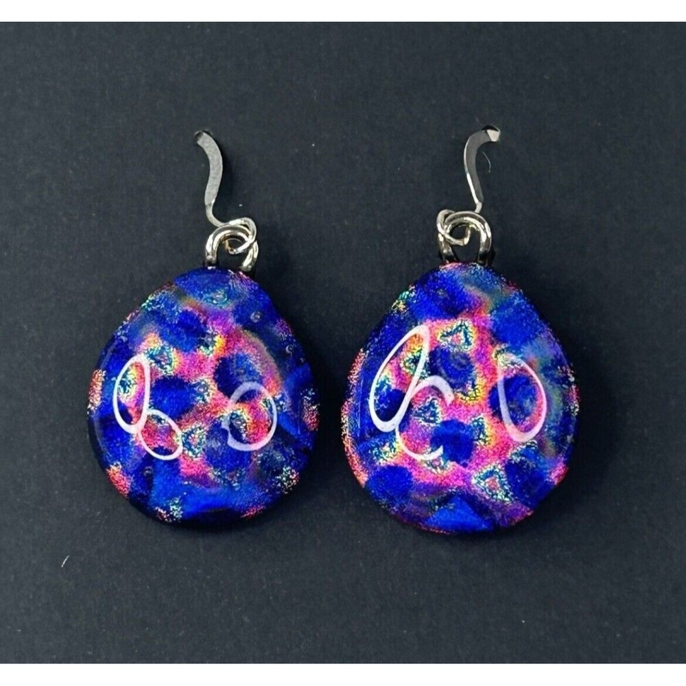 Dangle Drop Earrings Handmade Fused Glass Iridescent Blue Purple Pink New In Box